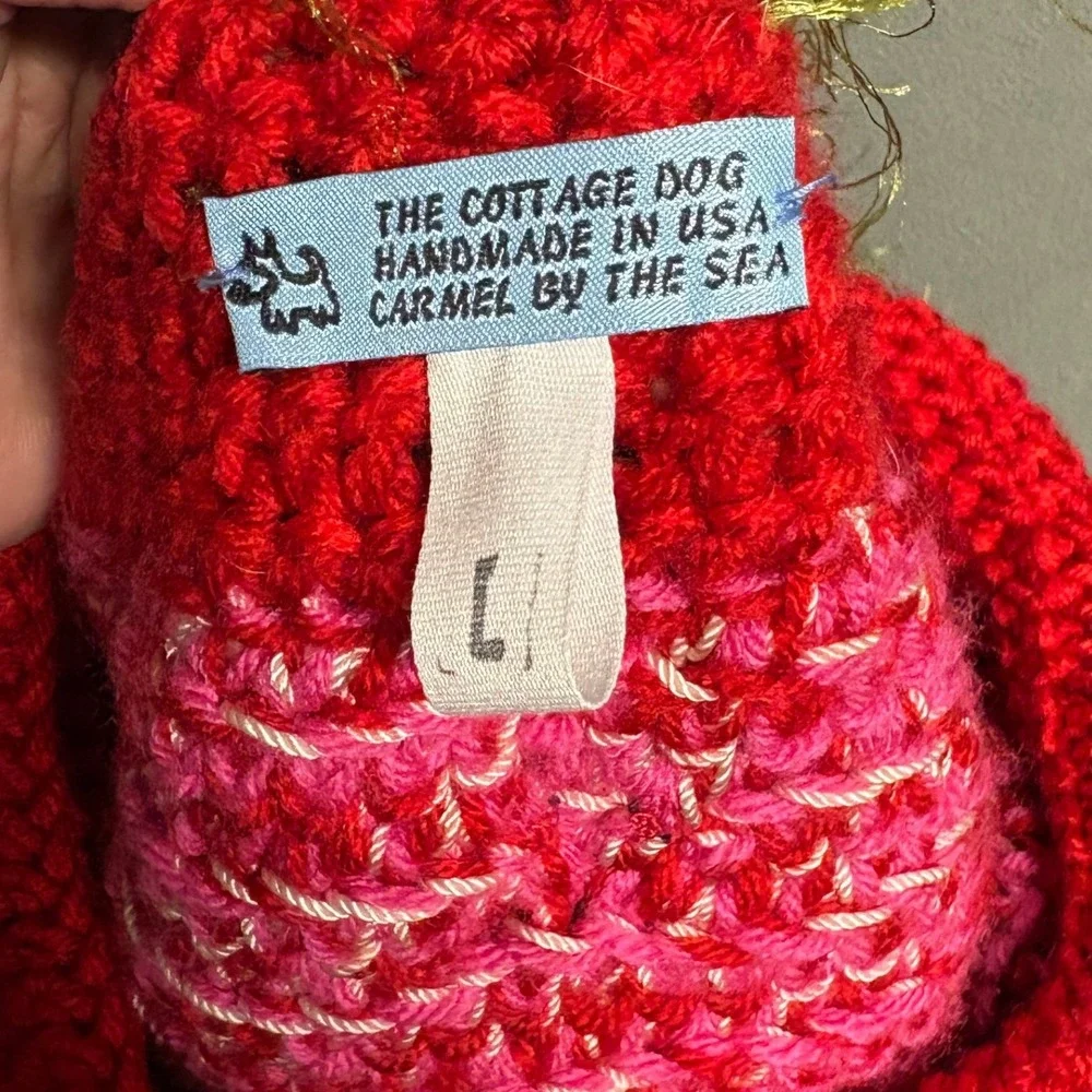 The Cottage Dog Crochet Sweater Large Red Pink Excellent Handmade Pet Vest